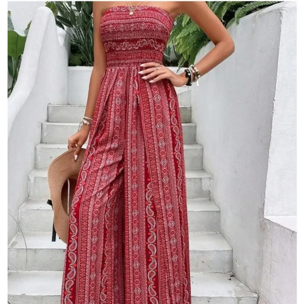 Boho Red Paisley print strapless wide leg large jumpsuit hippie resort vacation - Picture 4 of 9
